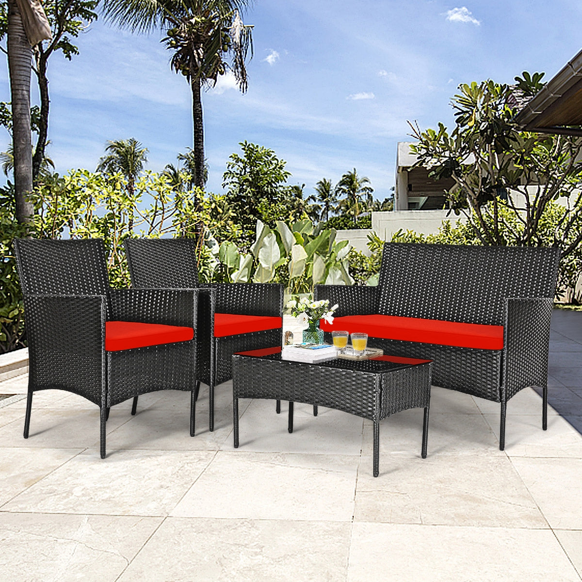 4 Pcs Patio Rattan Cushioned Sofa Furniture Set with Tempered Glass Coffee Table-Red (Fully Assembled)