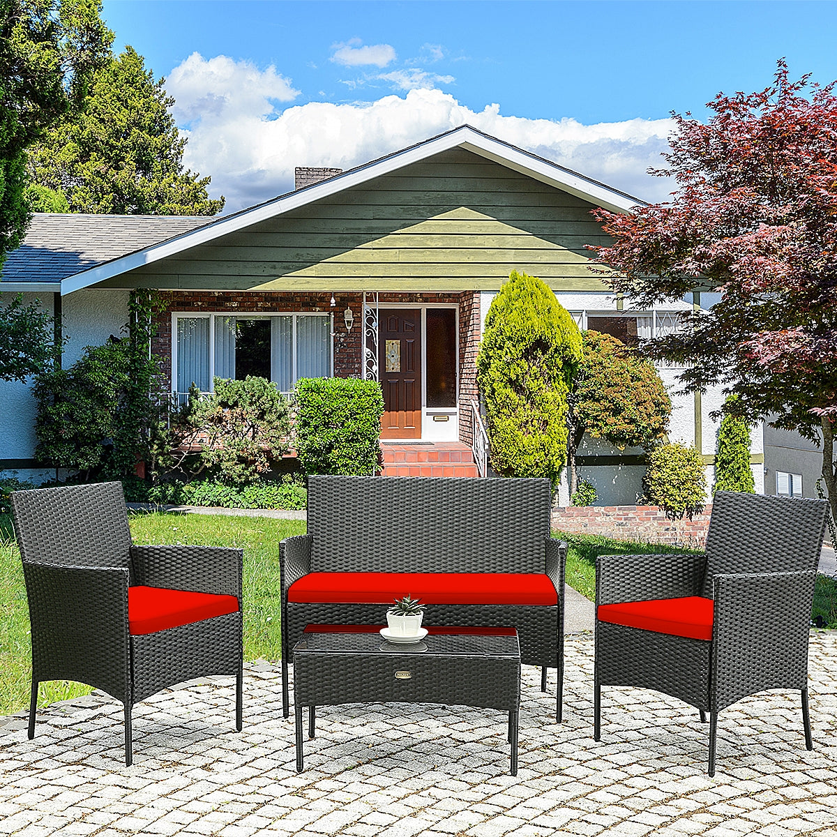 4 Pcs Patio Rattan Cushioned Sofa Furniture Set with Tempered Glass Coffee Table-Red (Fully Assembled)