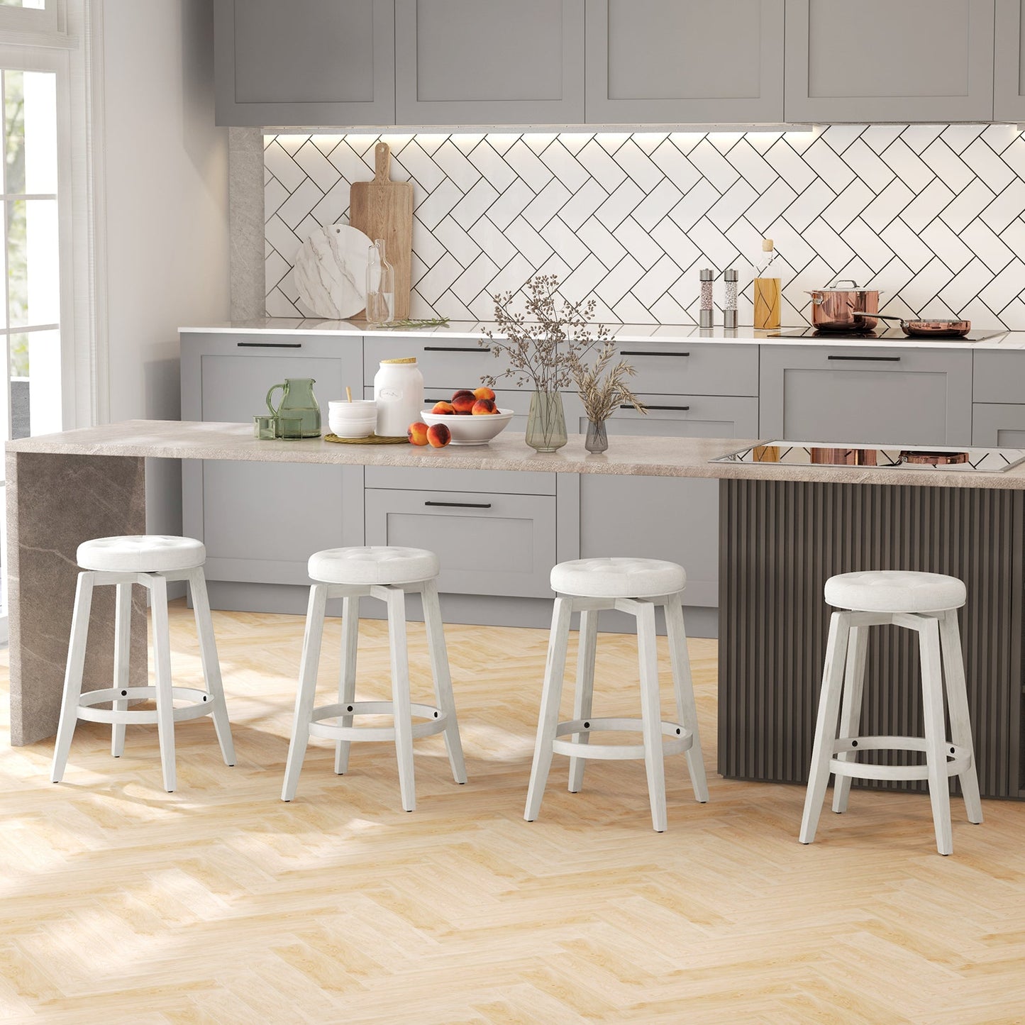 Set of 2 - Swivel Upholstered Rubberwood Frame Bar Stool with Footrest-24 inches (Assembled) (Copy)