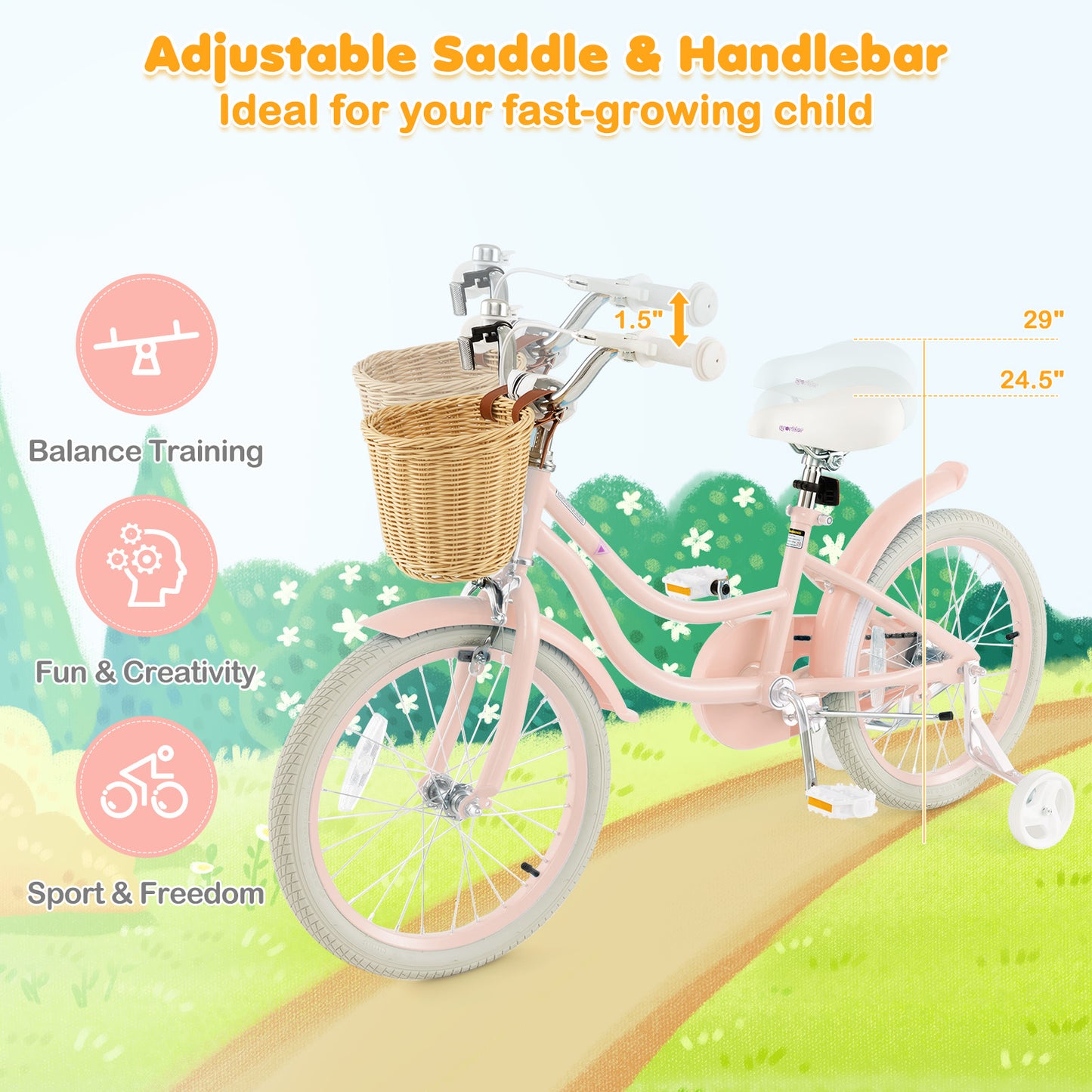18-Inch Kids Bike with Training Wheels and Adjustable Handlebar Seat-Pink, FULLY ASSEMBLED