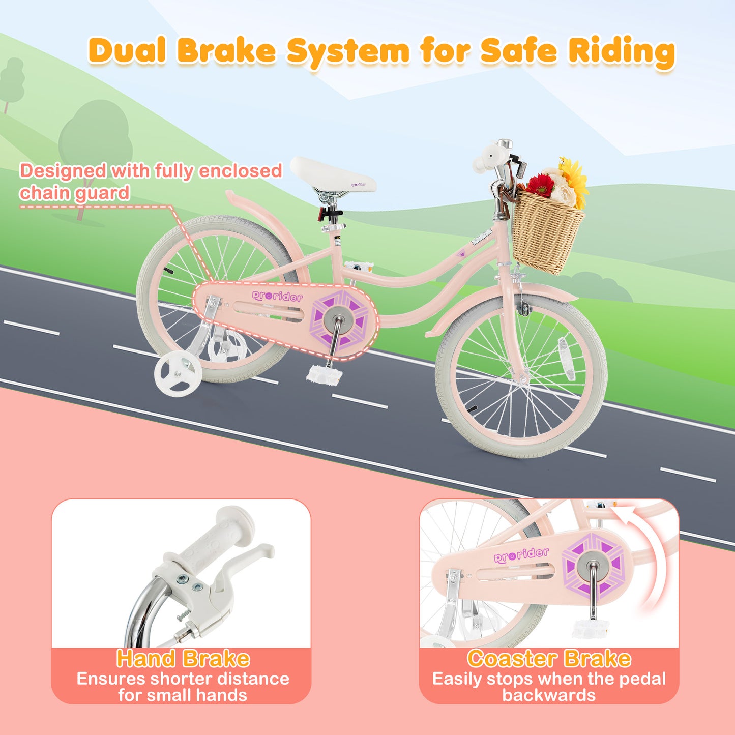 18-Inch Kids Bike with Training Wheels and Adjustable Handlebar Seat-Pink, FULLY ASSEMBLED