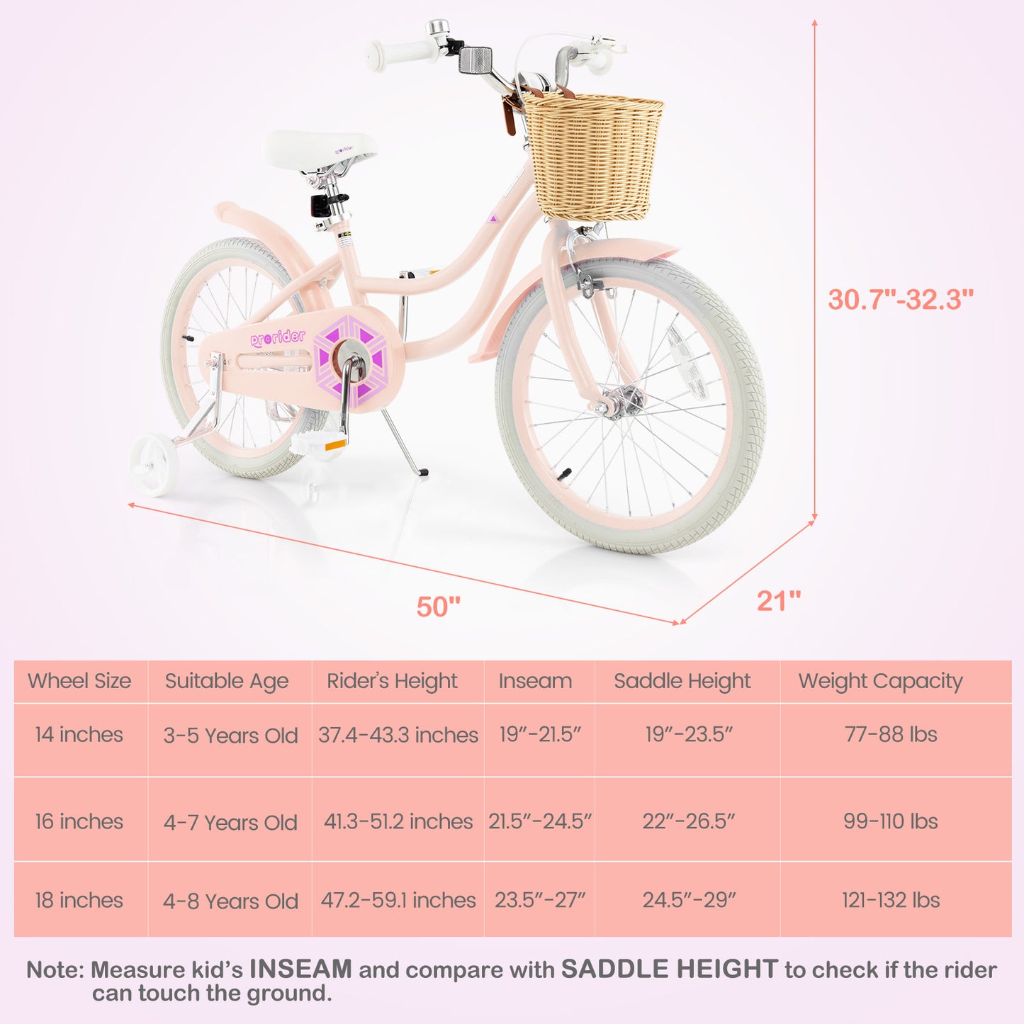 18-Inch Kids Bike with Training Wheels and Adjustable Handlebar Seat-Pink, FULLY ASSEMBLED