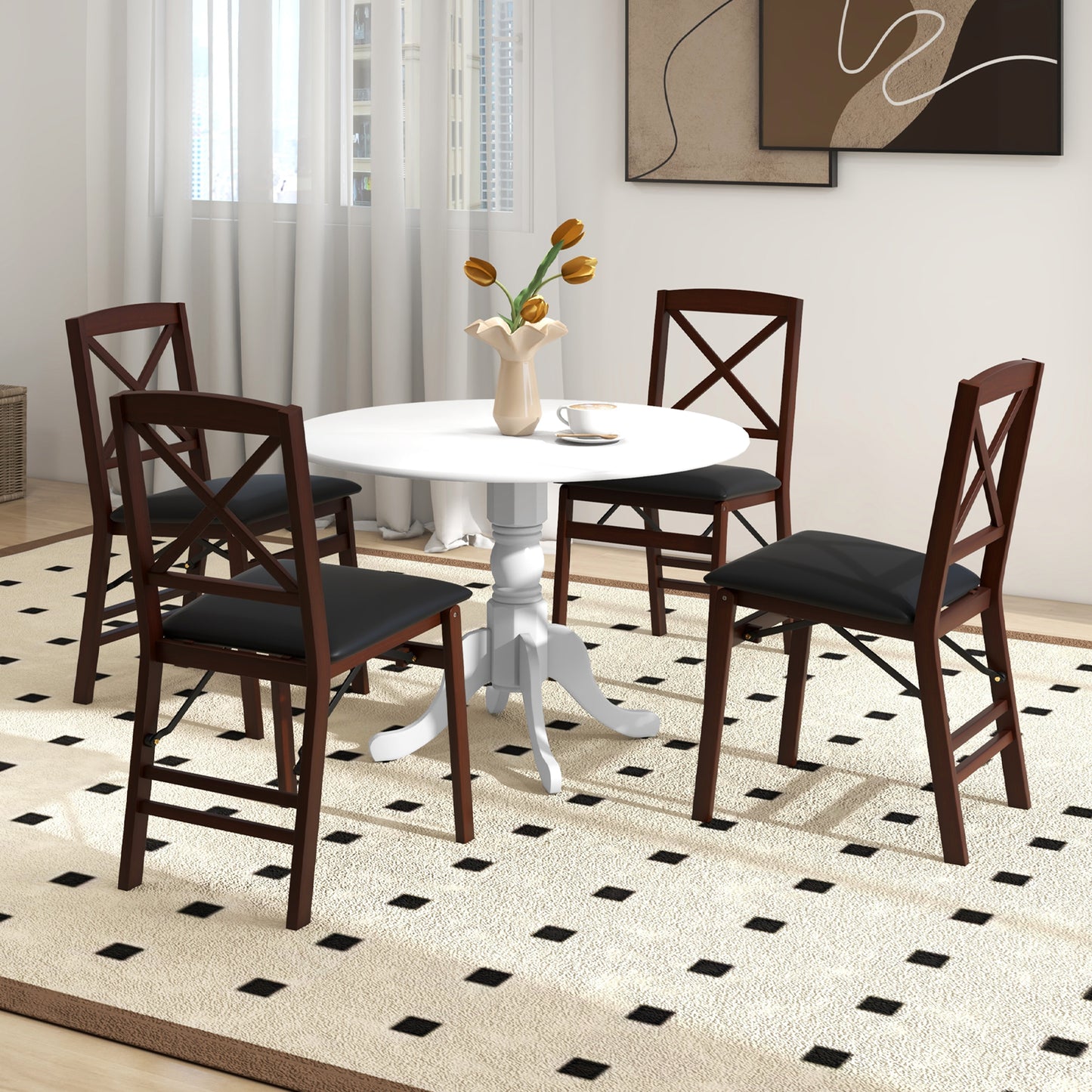 Wooden Dining Table with Round Tabletop and Curved Trestle Legs-White - Scratch and Dent, (Fully Assembled)