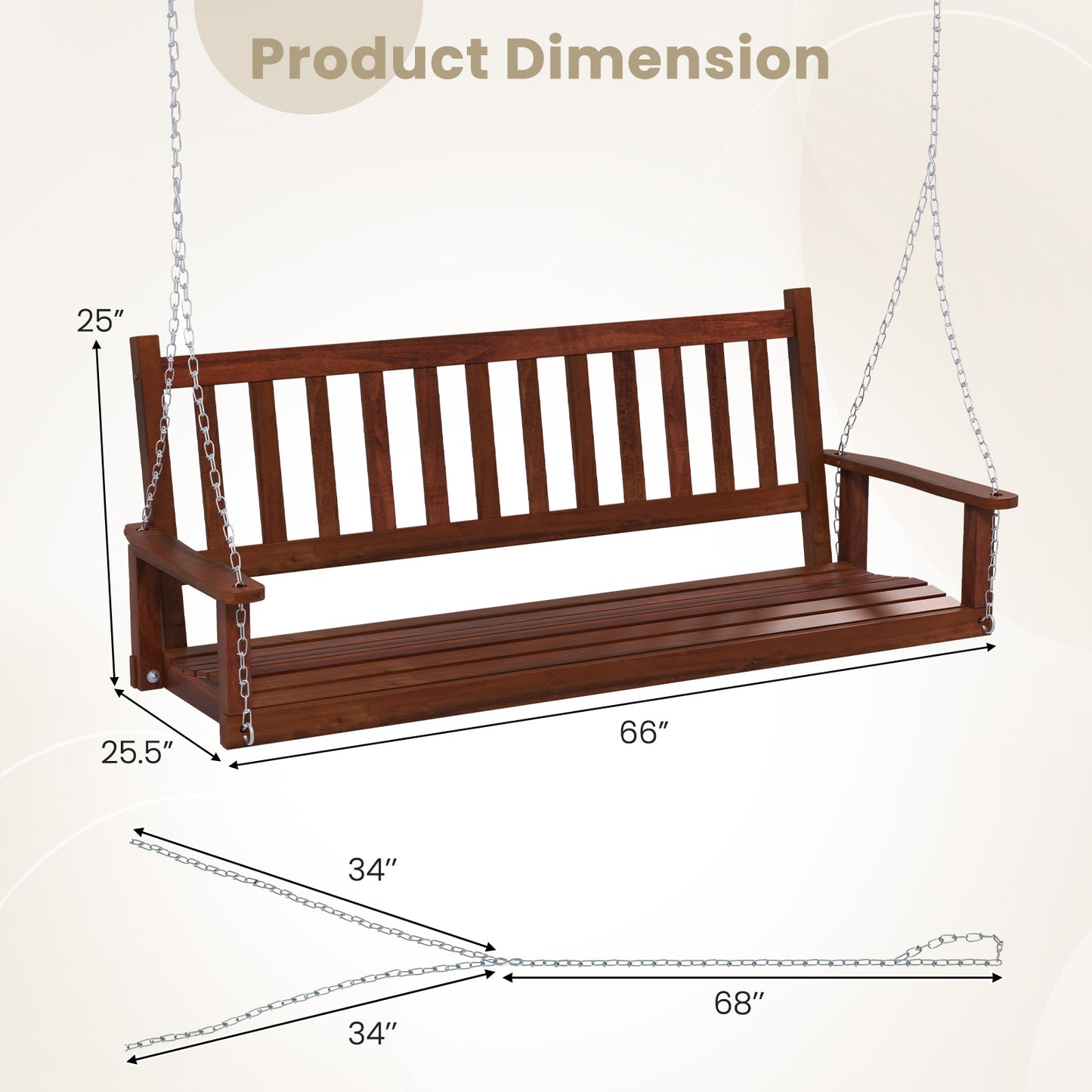 Special - No TAX,  3-Person Wooden Outdoor Porch Swing-Brown (1 Box, Unassembled)