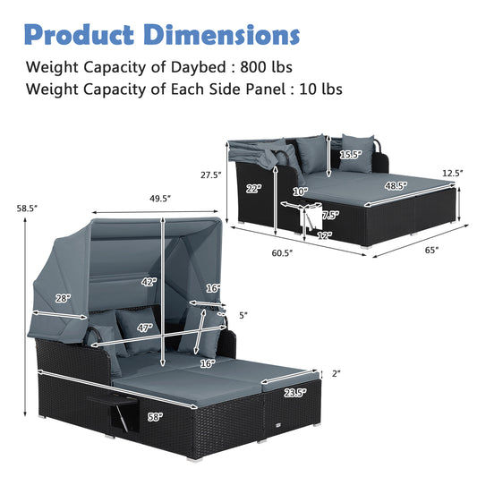 Patio Rattan Daybed with Retractable Canopy and Side Tables-Gray (Unassembled)