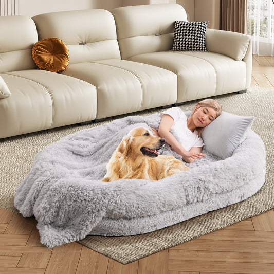 Washable Fluffy Human Dog Bed with Soft Blanket and Plump Pillow-Grey