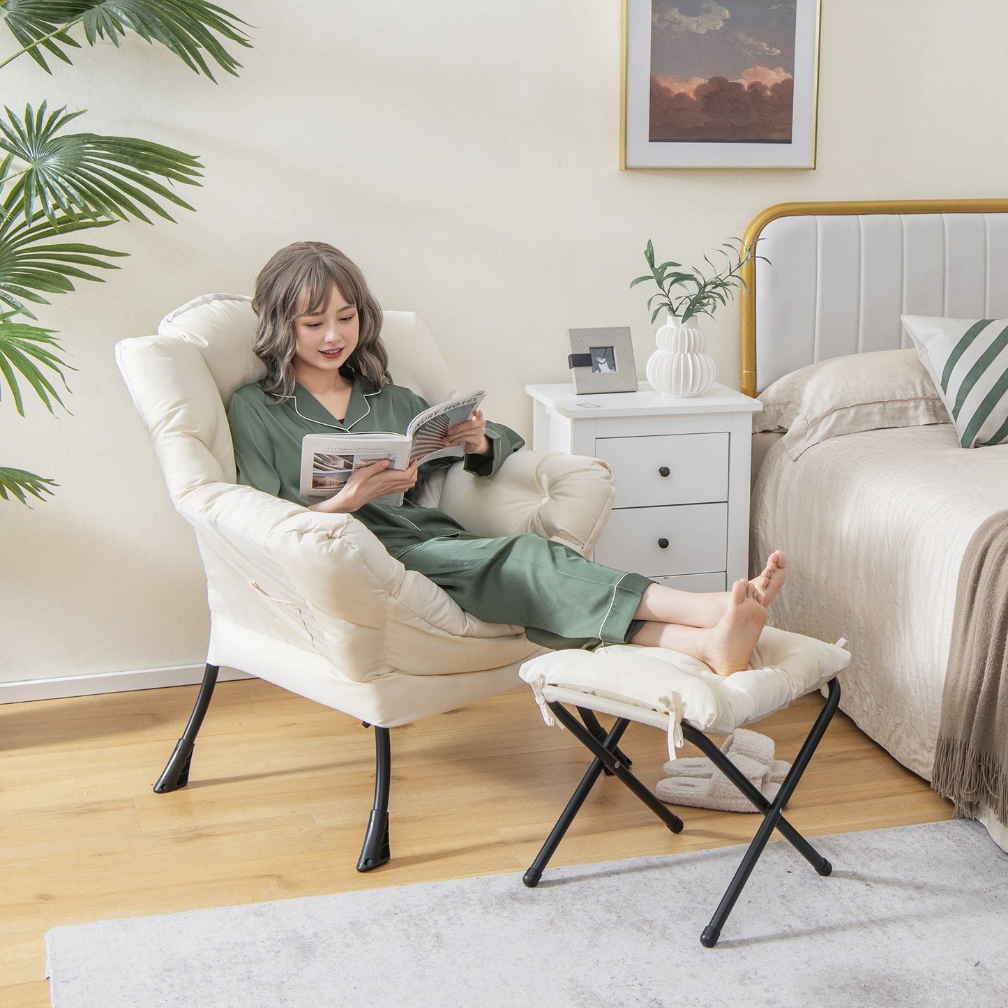 Modern Accent Sofa Chair with Folding Footrest and Side Pocket-Beige