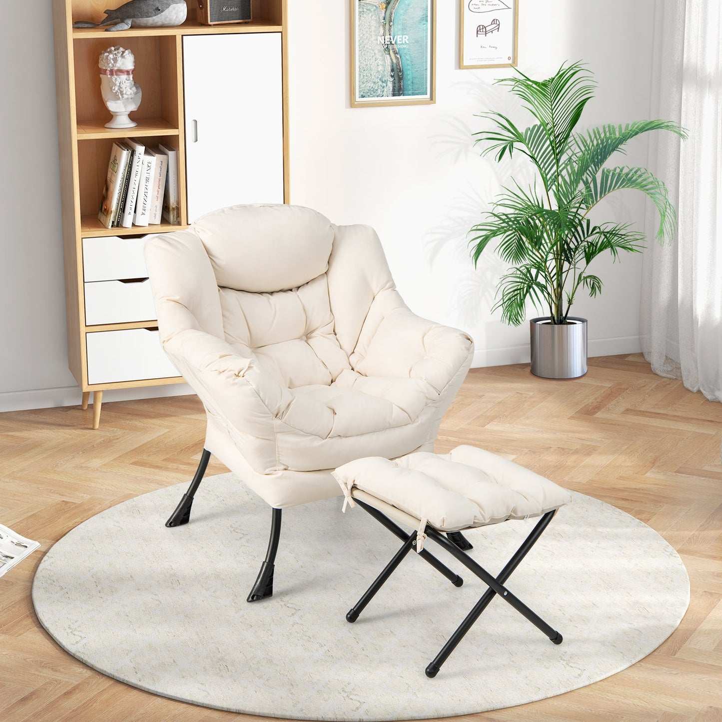 Modern Accent Sofa Chair with Folding Footrest and Side Pocket-Beige