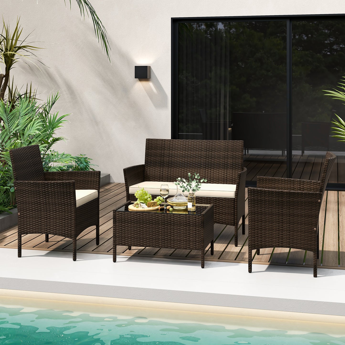 SPECIAL, 4 Piece Patio Rattan Conversation Set-Beige (Fully Assembled)
