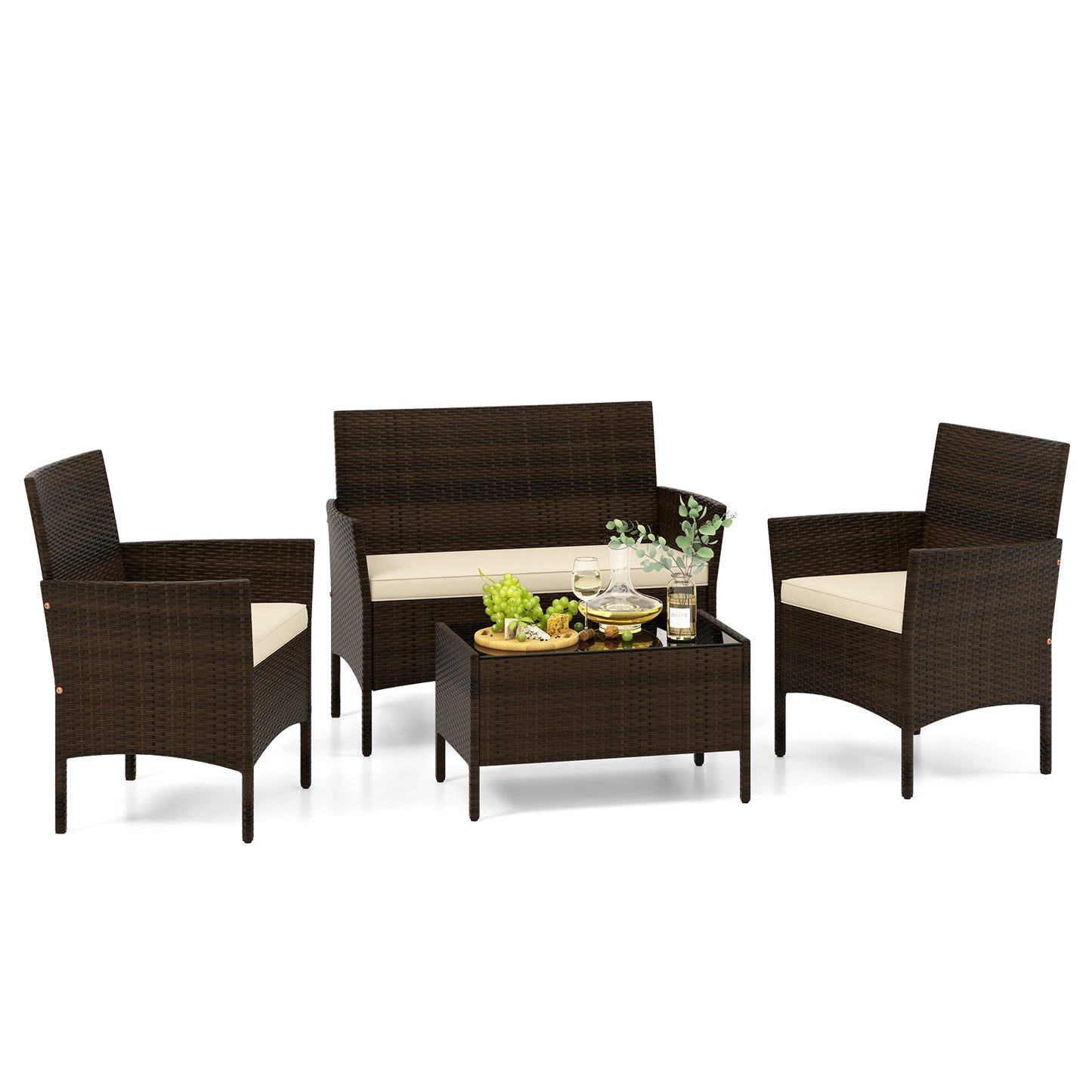 SPECIAL, 4 Piece Patio Rattan Conversation Set-Beige (Fully Assembled)