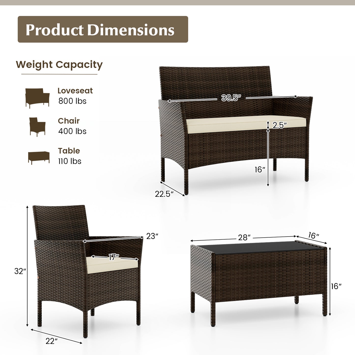 SPECIAL, 4 Piece Patio Rattan Conversation Set-Beige (Fully Assembled)