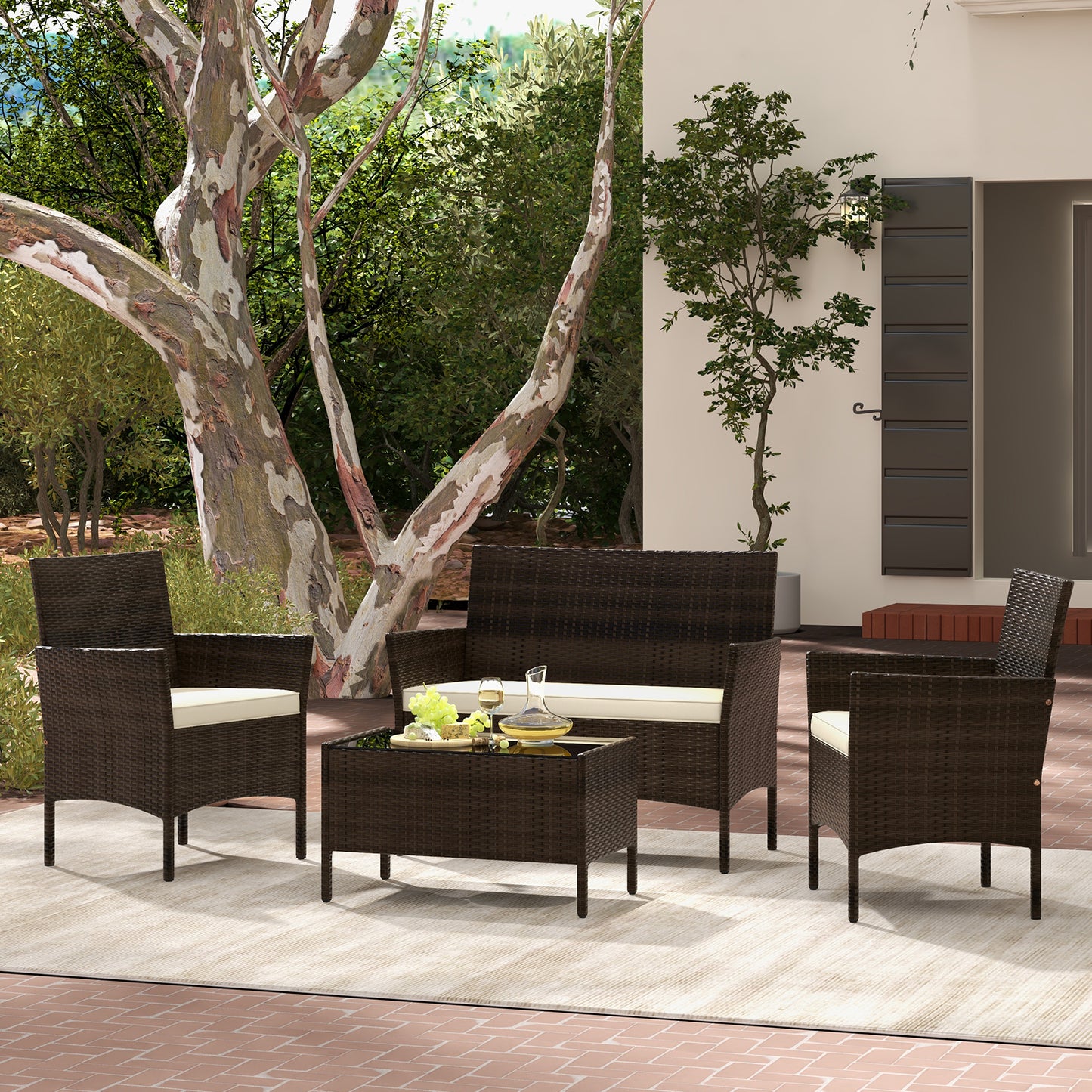 SPECIAL, 4 Piece Patio Rattan Conversation Set-Beige (Fully Assembled)