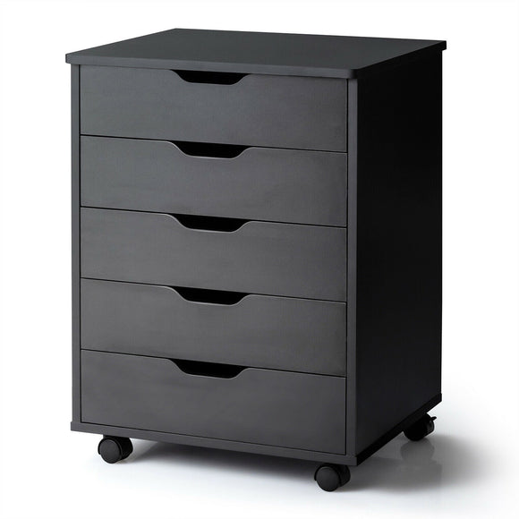 26`` tall 5 Drawer Mobile Lateral Filing Storage Home Office Floor Cabinet with Wheels-Black, Assembled