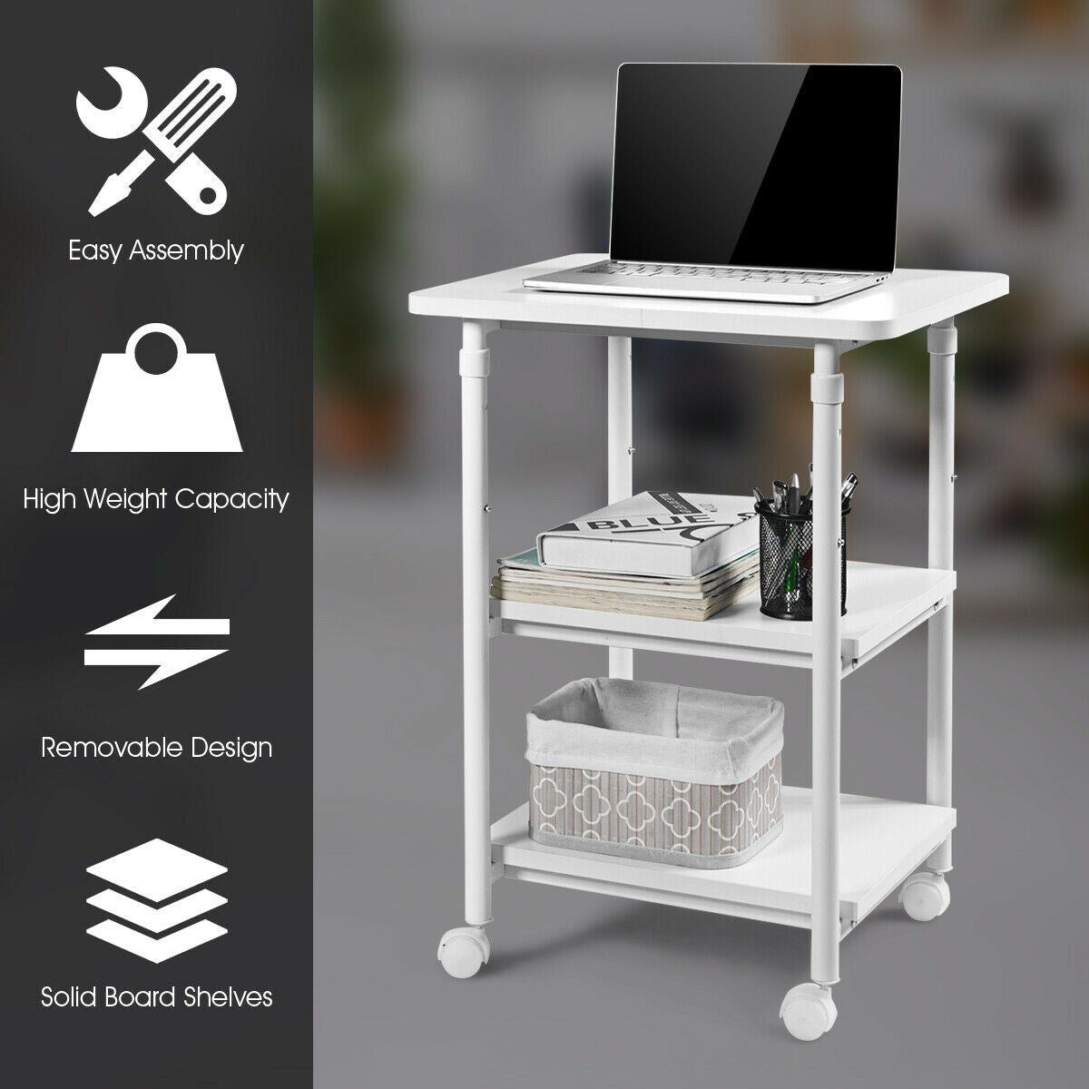 3-tier Adjustable Printer Stand with 360° Swivel Casters-White, Fully Assembled