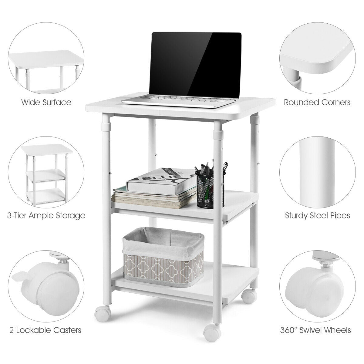 3-tier Adjustable Printer Stand with 360° Swivel Casters-White, Fully Assembled