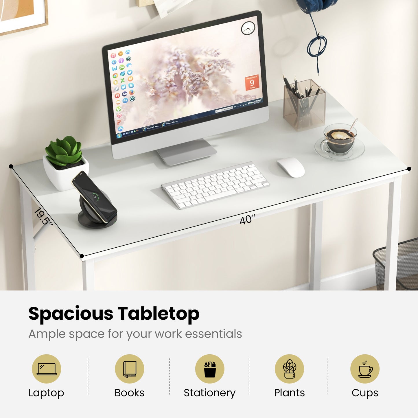 40 Inch Small Computer Desk with Heavy-duty Metal Frame-White - Fully Assembled