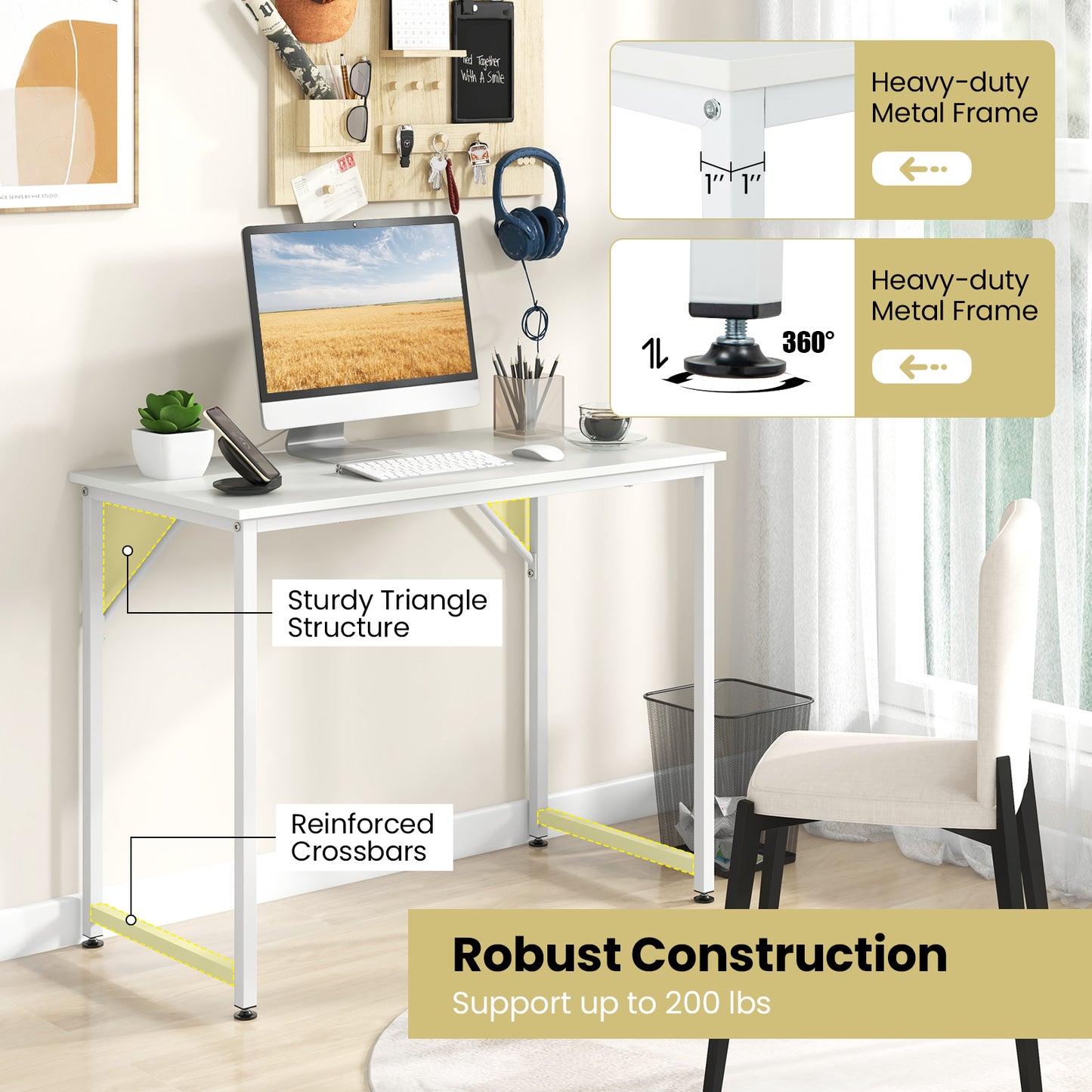 40 Inch Small Computer Desk with Heavy-duty Metal Frame-White - Fully Assembled