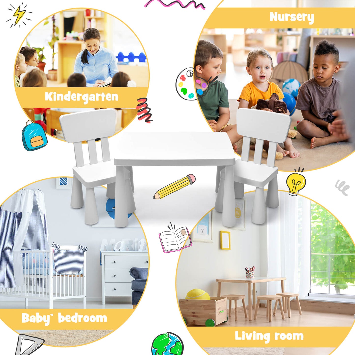 CLEARANCE, 3 Pieces Toddler Multi Activity Play Dining Study Kids Table and Chair Set-White