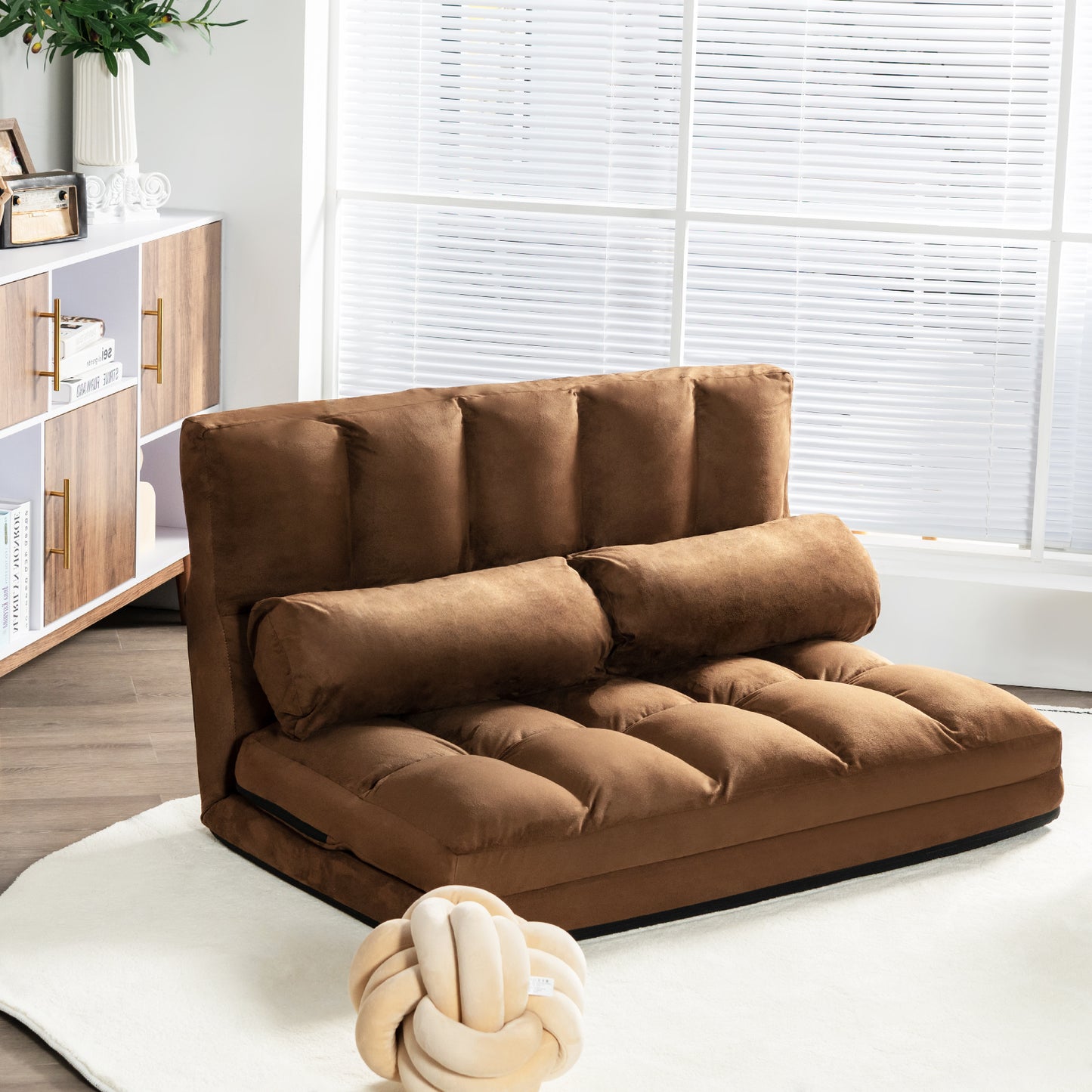 SPECIAL, Double 44.5``Wide, Foldable Floor 6-Position Adjustable Lounge Couch-Brown