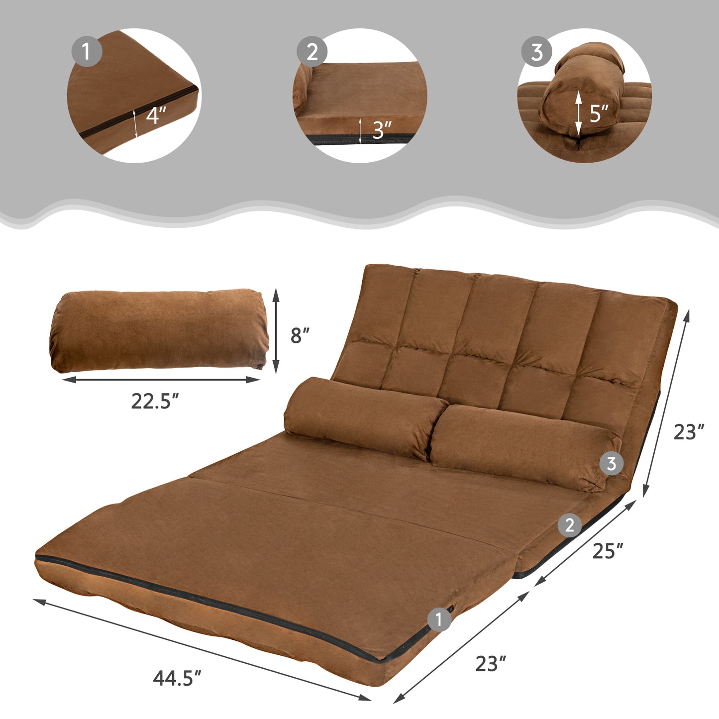 SPECIAL, Double 44.5``Wide, Foldable Floor 6-Position Adjustable Lounge Couch-Brown