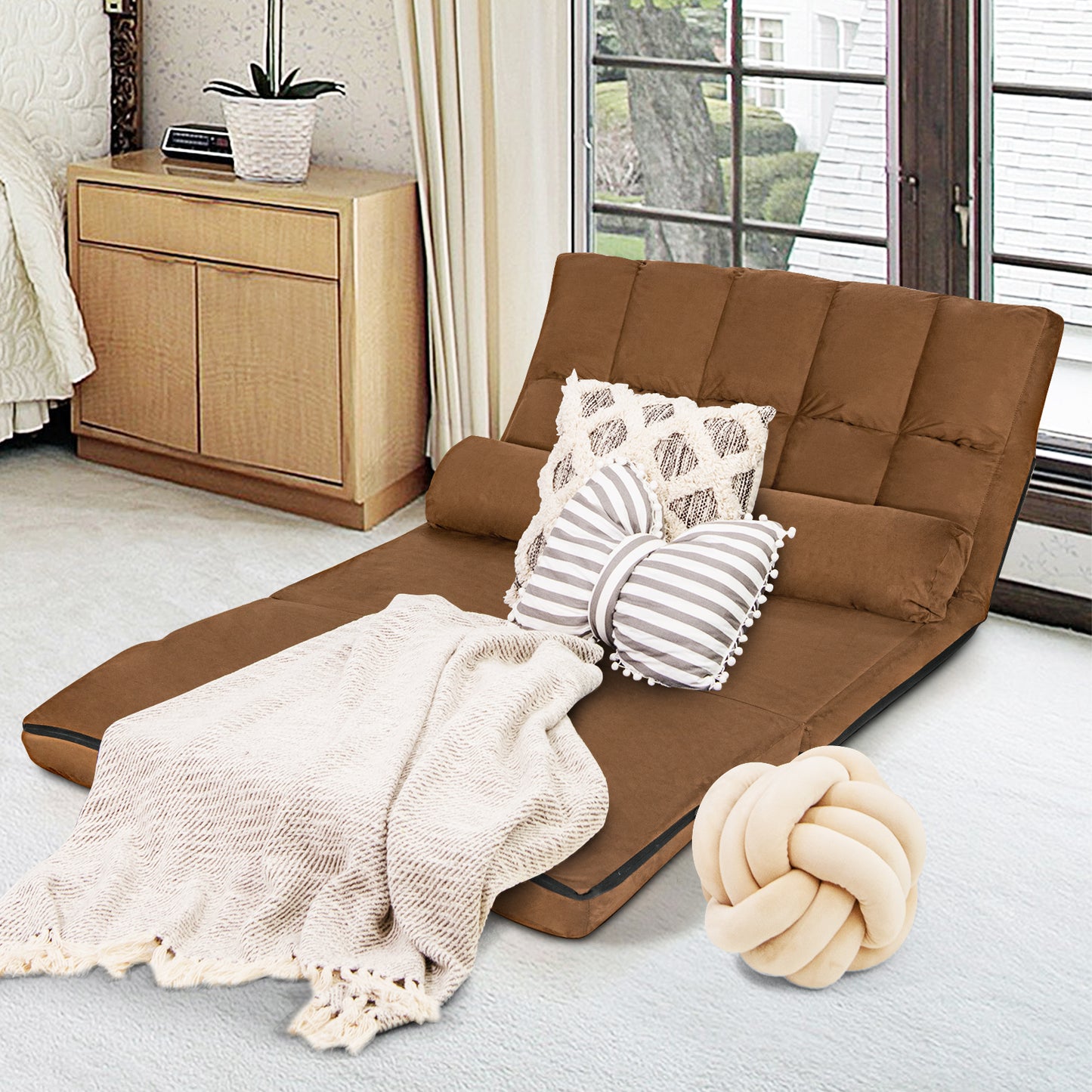 SPECIAL, Double 44.5``Wide, Foldable Floor 6-Position Adjustable Lounge Couch-Brown
