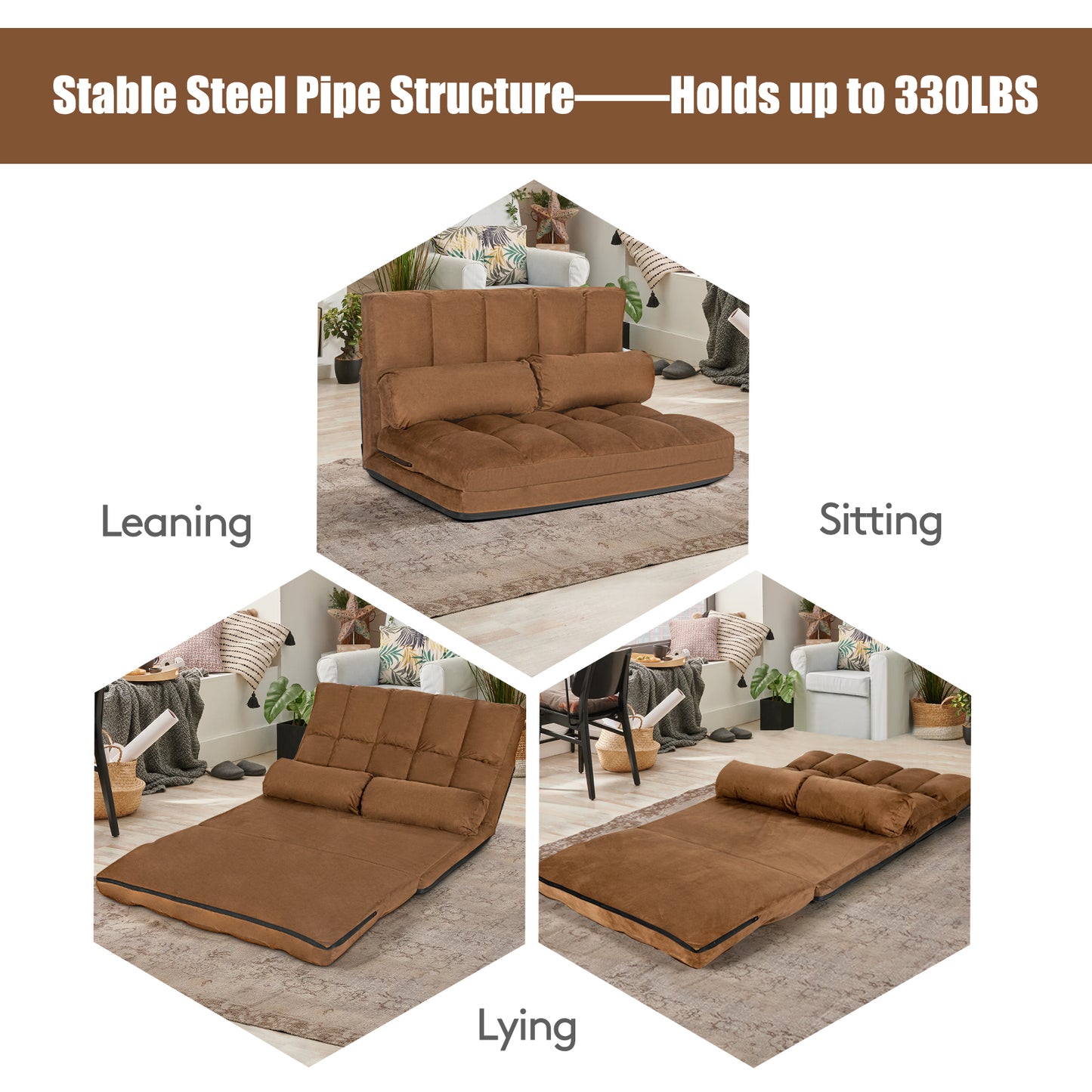 SPECIAL, Double 44.5``Wide, Foldable Floor 6-Position Adjustable Lounge Couch-Brown