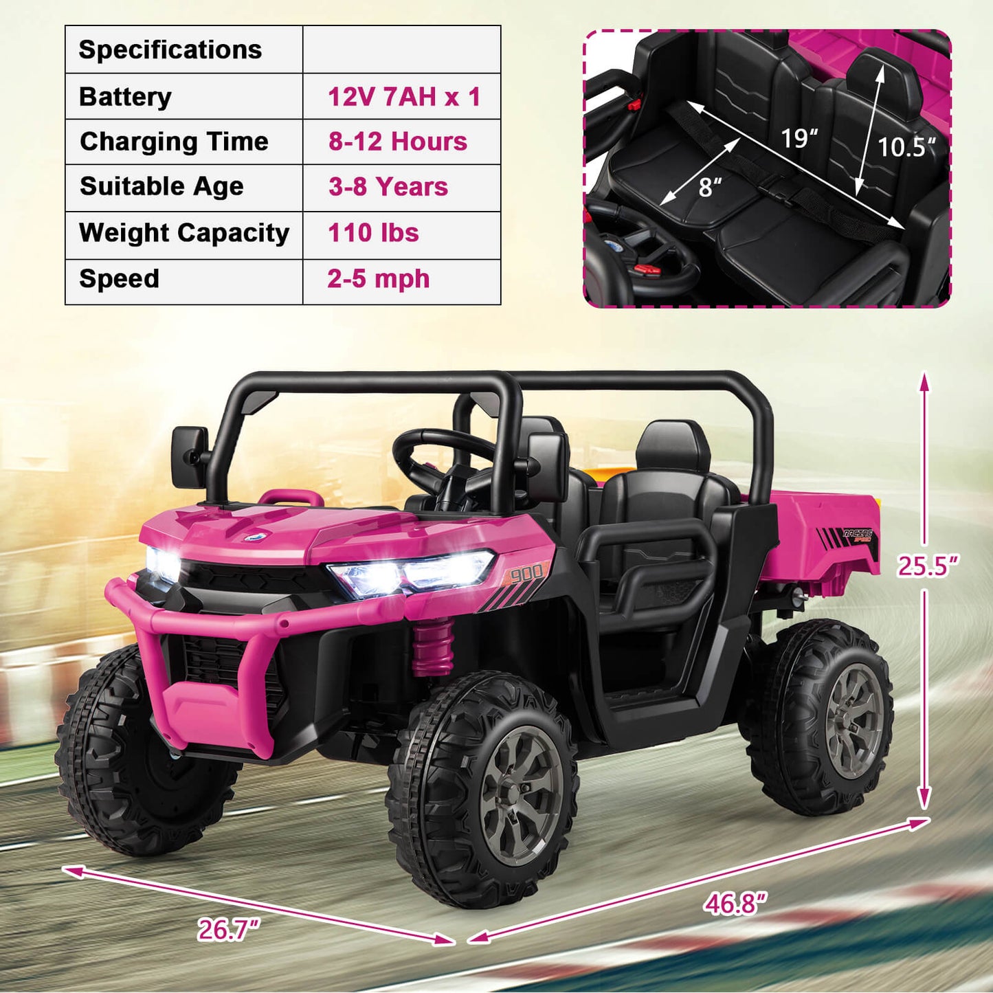 2-Seater Kids Ride On Dump Truck with Dump Bed and Shovel-Pink, Customer Return, signs of use, Tested