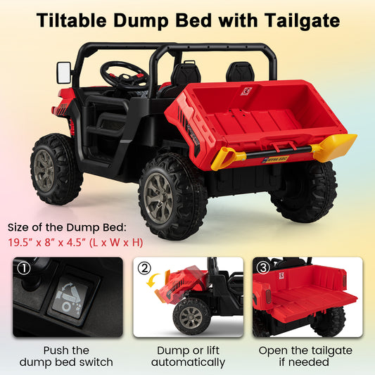Large 47`` long 2-Seater Kids Ride On Dump Truck with Power Dump Bed, Fully Assembled, ages 3 - 8