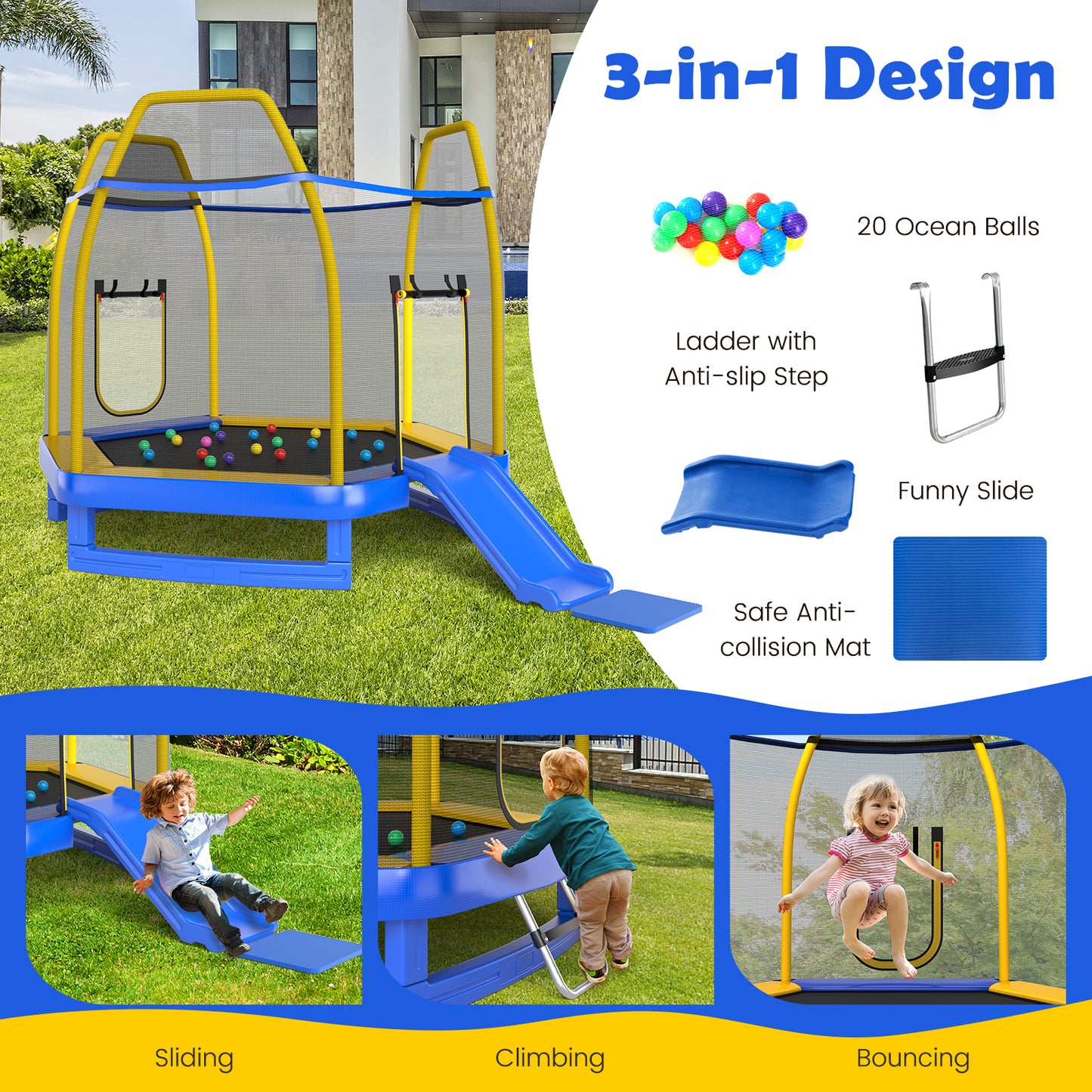 7 Feet Trampoline with Ladder and Slide for Indoor and Outdoor-Blue-(1 Box- unassembled)