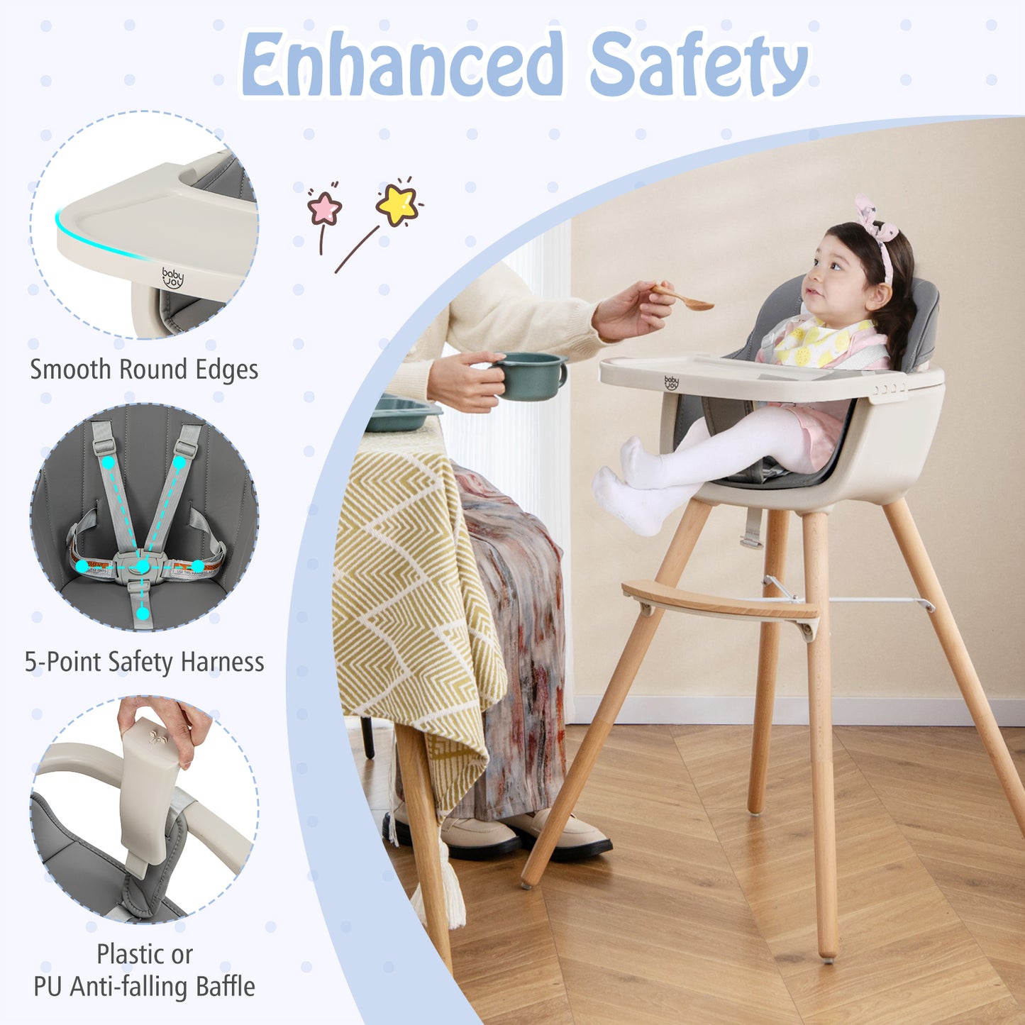 3-in-1 Convertible Wooden High Chair with Cushion-OURS HAS BEIGE SEAT