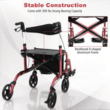 NO TAX, 2-in-1 Adjustable Folding Handle Rollator Walker with Storage Space-Red
