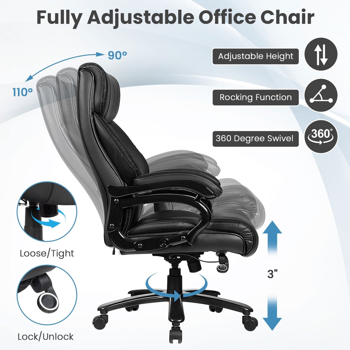 Big and Tall 400 Pounds PU Leather Massage Office Chair-Black (Assembled)