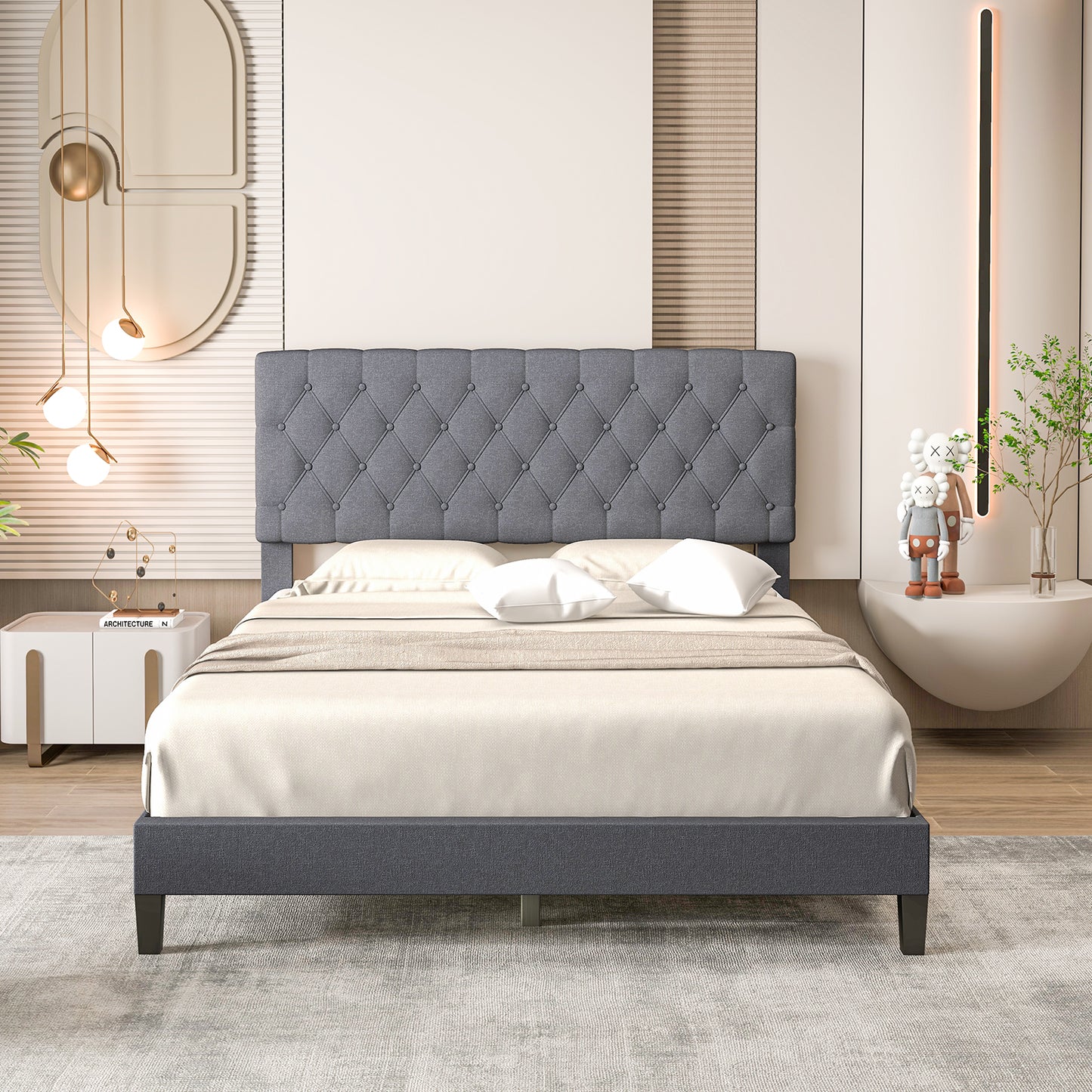 Queen Size Upholstered Platform Bed with Button Tufted Headboard (1 Box, Assembly Required)