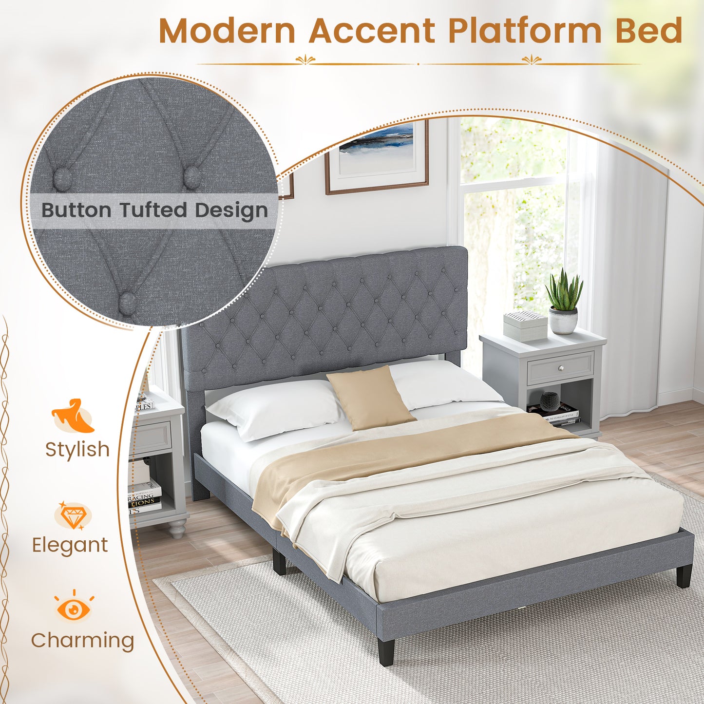 Queen Size Upholstered Platform Bed with Button Tufted Headboard (1 Box, Assembly Required)