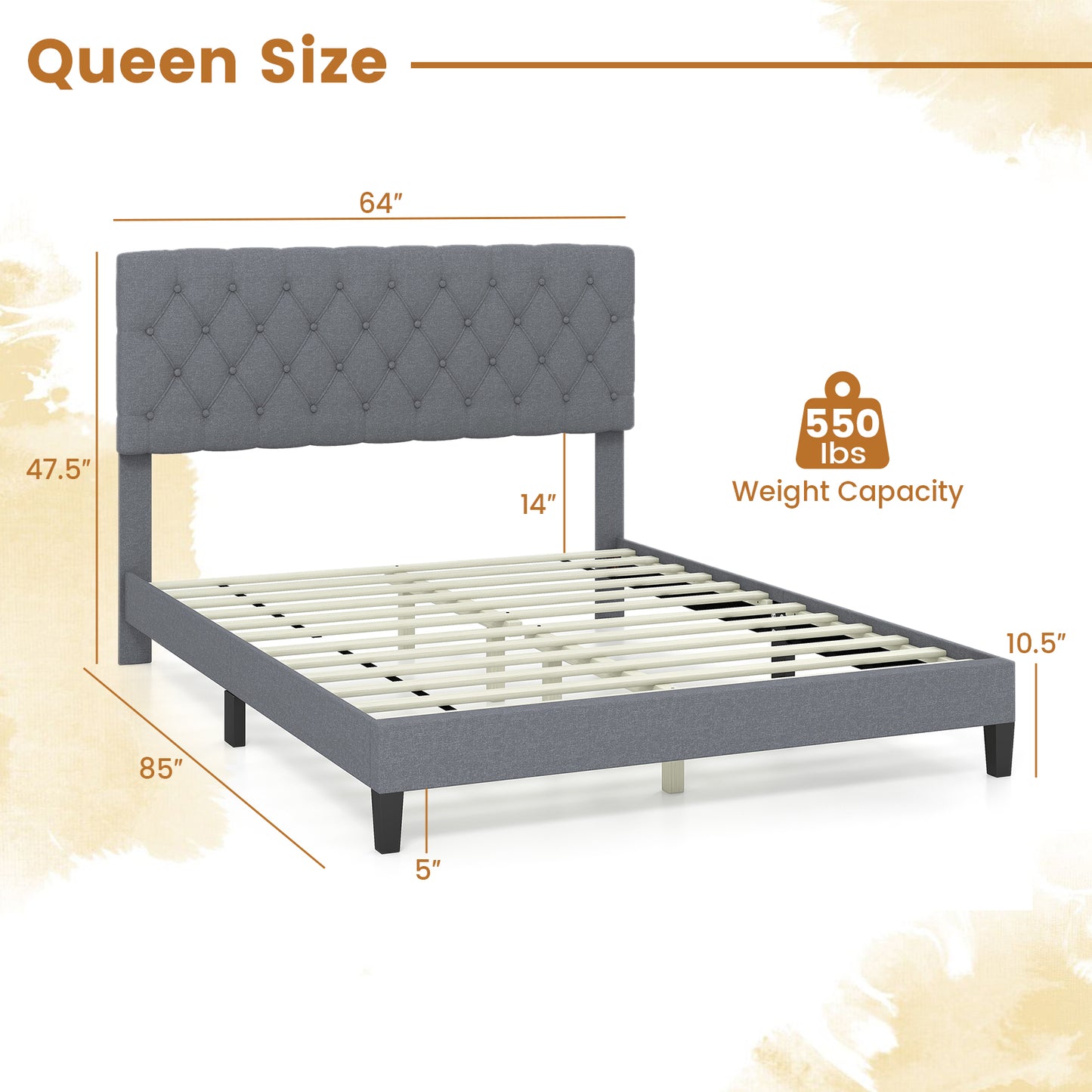 Queen Size Upholstered Platform Bed with Button Tufted Headboard (1 Box, Assembly Required)
