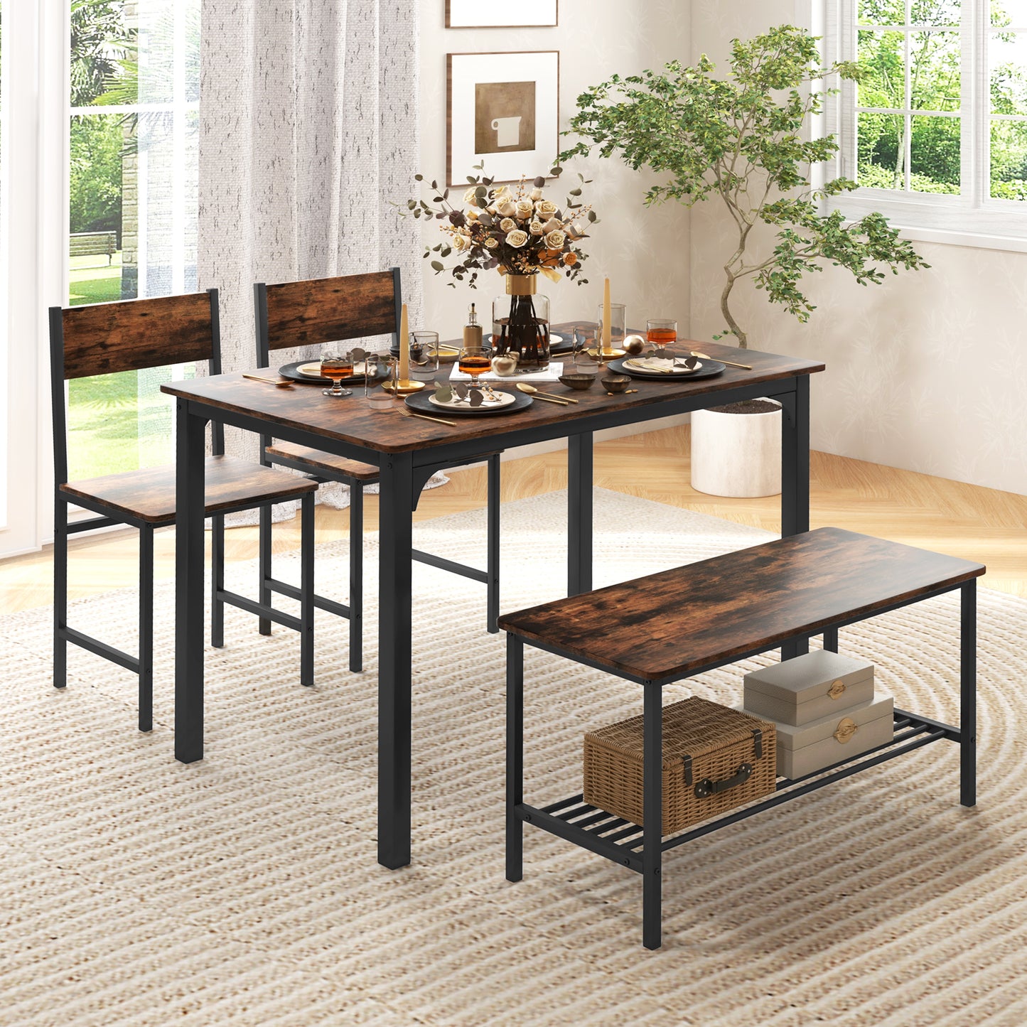 SCRATCH & DENT SPECIAL, 4 Pieces Rustic Dining Table Set with 2 Chairs and Bench-Rustic Brown