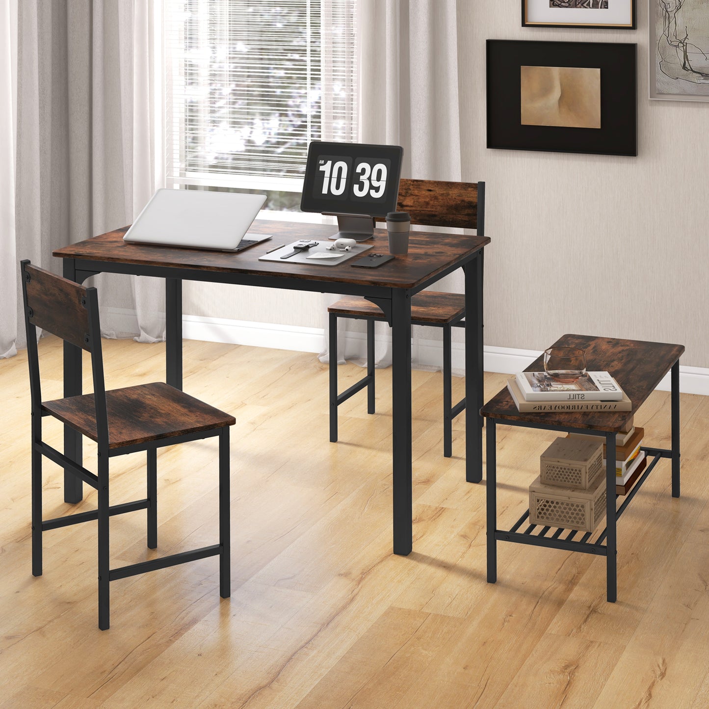 SCRATCH & DENT SPECIAL, 4 Pieces Rustic Dining Table Set with 2 Chairs and Bench-Rustic Brown