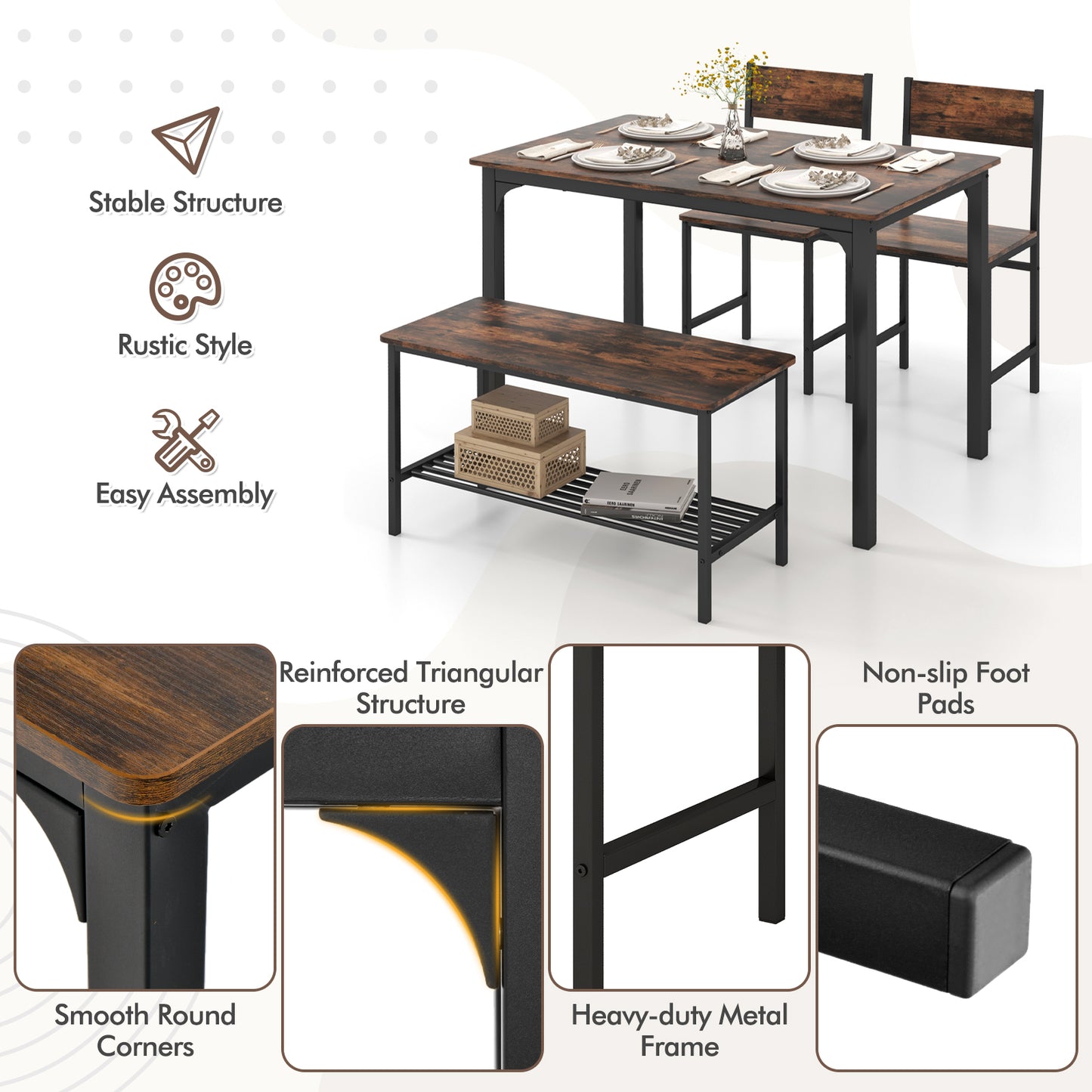 SCRATCH & DENT SPECIAL, 4 Pieces Rustic Dining Table Set with 2 Chairs and Bench-Rustic Brown
