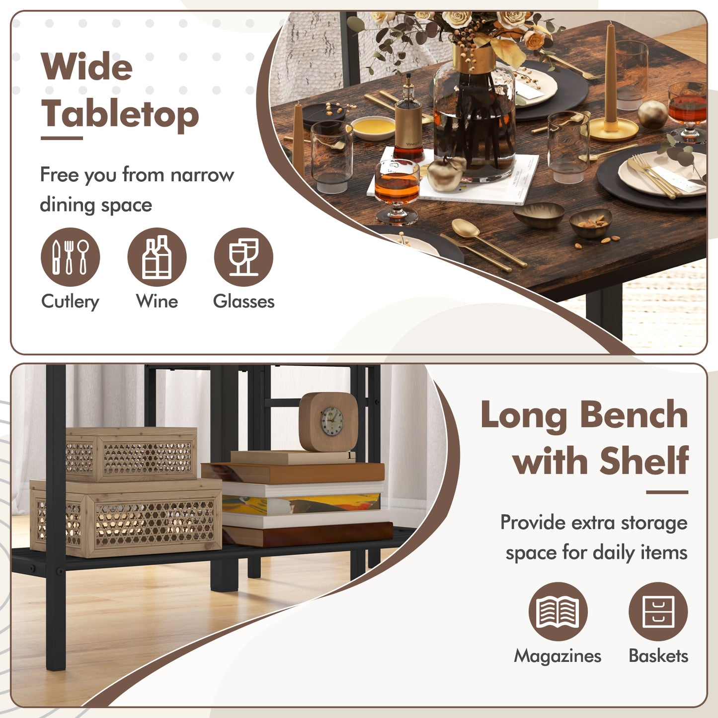 SCRATCH & DENT SPECIAL, 4 Pieces Rustic Dining Table Set with 2 Chairs and Bench-Rustic Brown