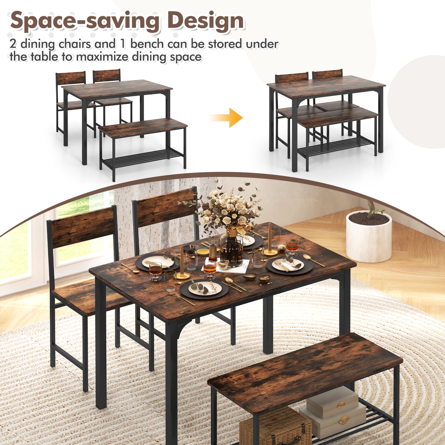 SCRATCH & DENT SPECIAL, 4 Pieces Rustic Dining Table Set with 2 Chairs and Bench-Rustic Brown