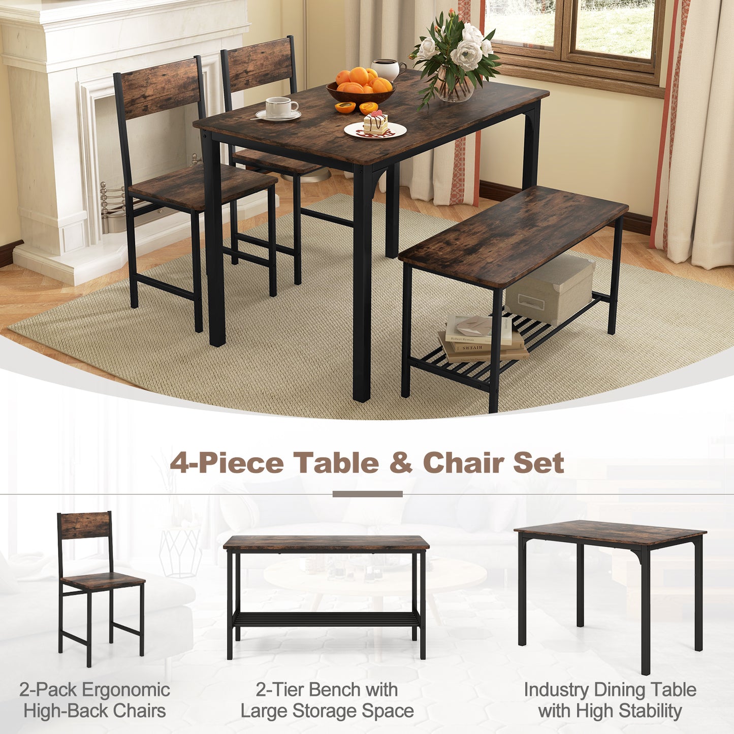 SCRATCH & DENT SPECIAL, 4 Pieces Rustic Dining Table Set with 2 Chairs and Bench-Rustic Brown