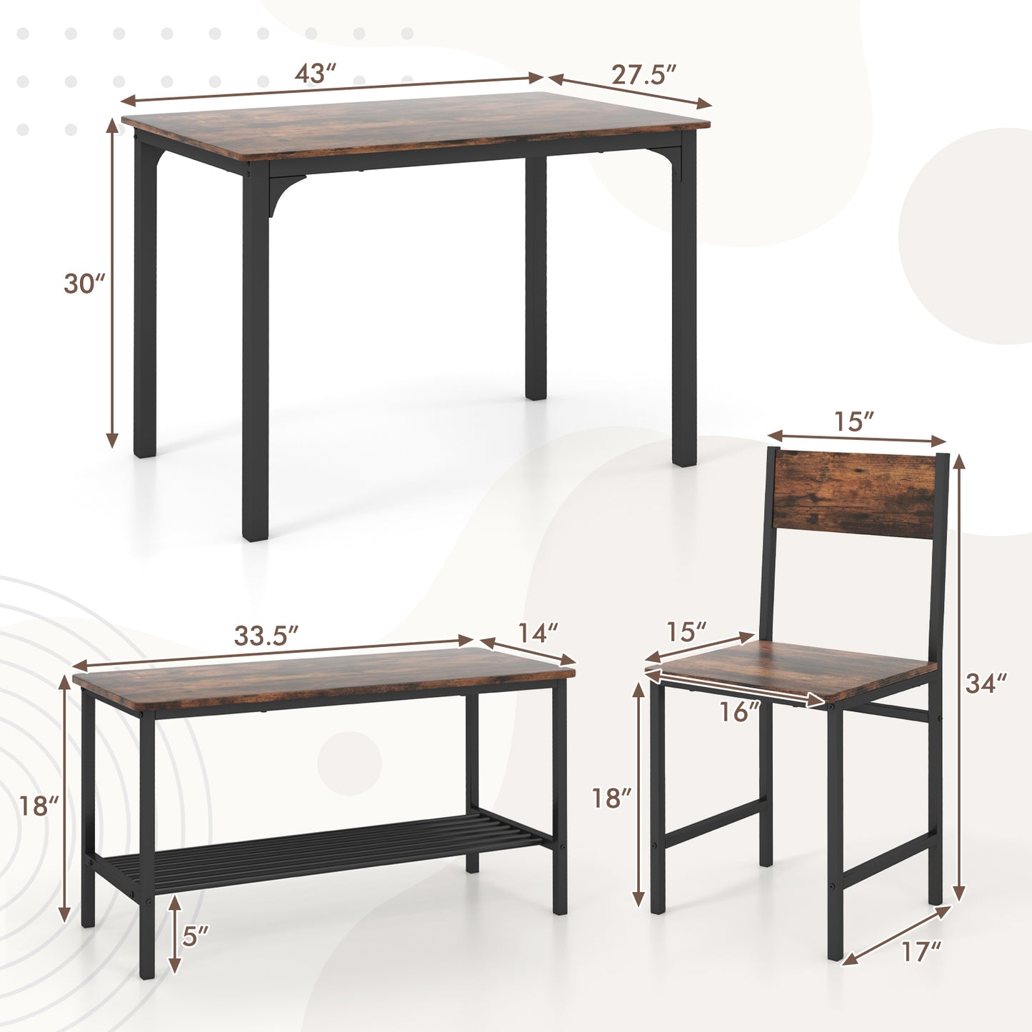 SCRATCH & DENT SPECIAL, 4 Pieces Rustic Dining Table Set with 2 Chairs and Bench-Rustic Brown