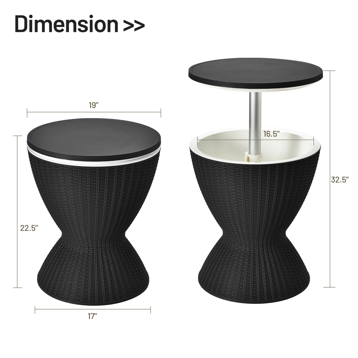 SPECIAL - NO TAX - 3 in 1 8 Gallon Patio Rattan Cooler Bar Table with Adjust Ice Bucket-Black