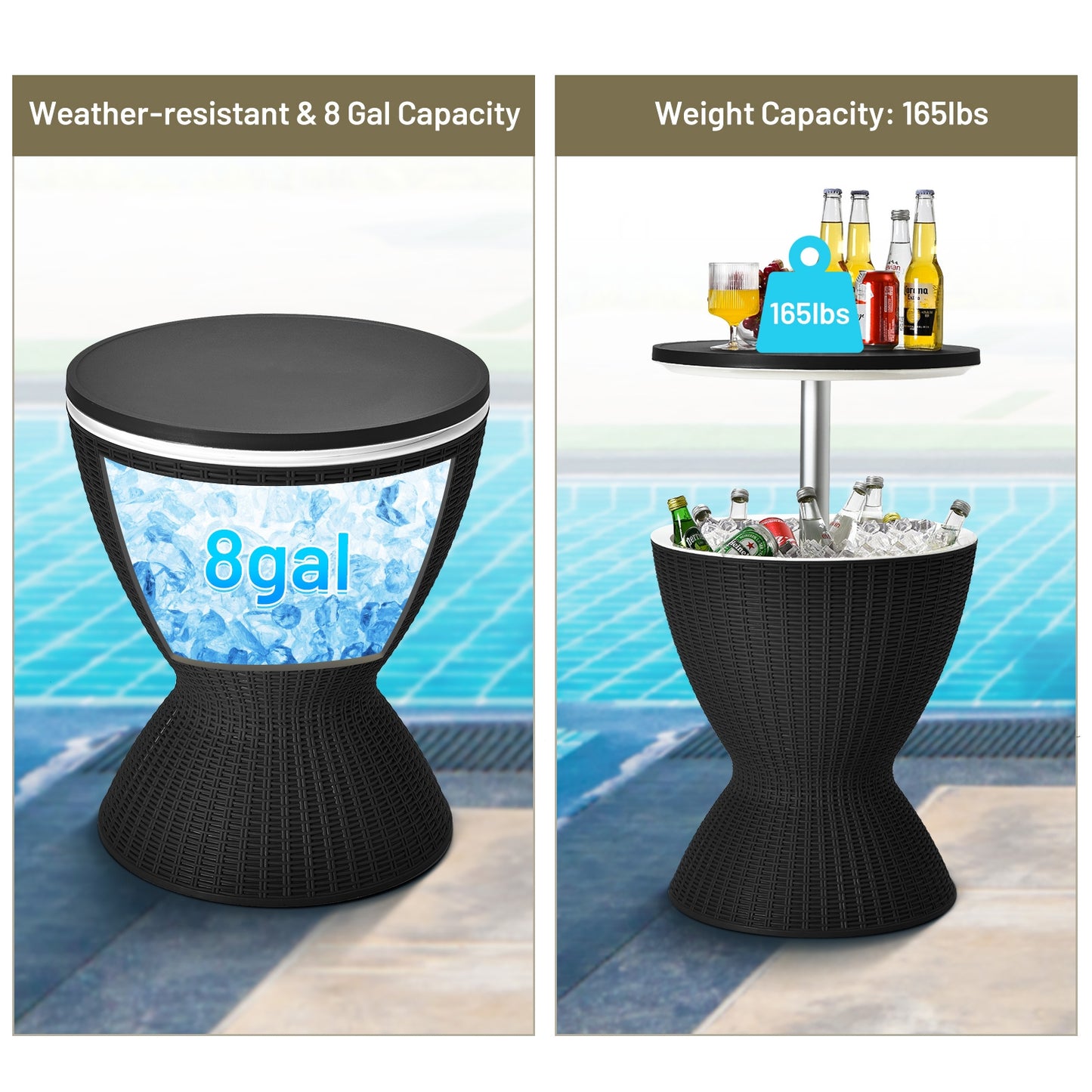SPECIAL - NO TAX - 3 in 1 8 Gallon Patio Rattan Cooler Bar Table with Adjust Ice Bucket-Black