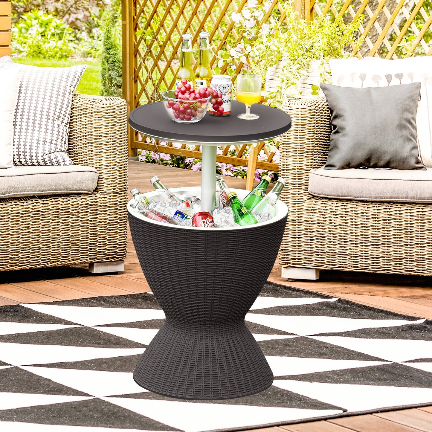 SPECIAL - NO TAX - 3 in 1 8 Gallon Patio Rattan Cooler Bar Table with Adjust Ice Bucket-Black