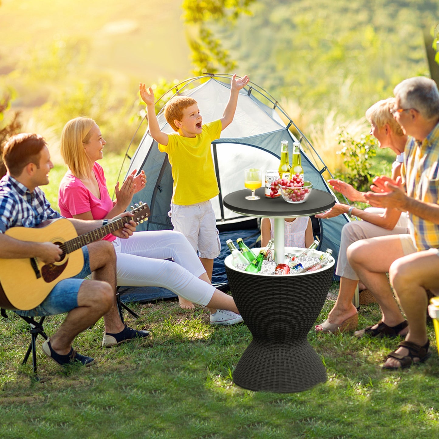 SPECIAL - NO TAX - 3 in 1 8 Gallon Patio Rattan Cooler Bar Table with Adjust Ice Bucket-Black