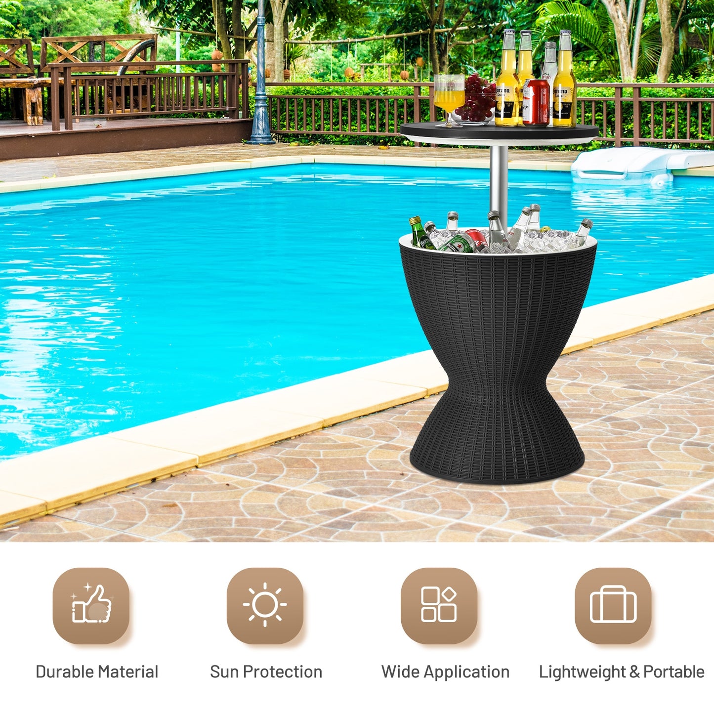 SPECIAL - NO TAX - 3 in 1 8 Gallon Patio Rattan Cooler Bar Table with Adjust Ice Bucket-Black