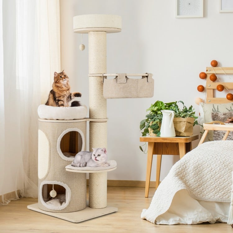 61 Inch Cat Tree for Indoor Cats with 2-stoery Condo and Top Perch, assembled