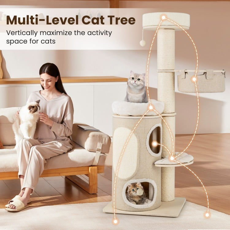 61 Inch Cat Tree for Indoor Cats with 2-stoery Condo and Top Perch, assembled