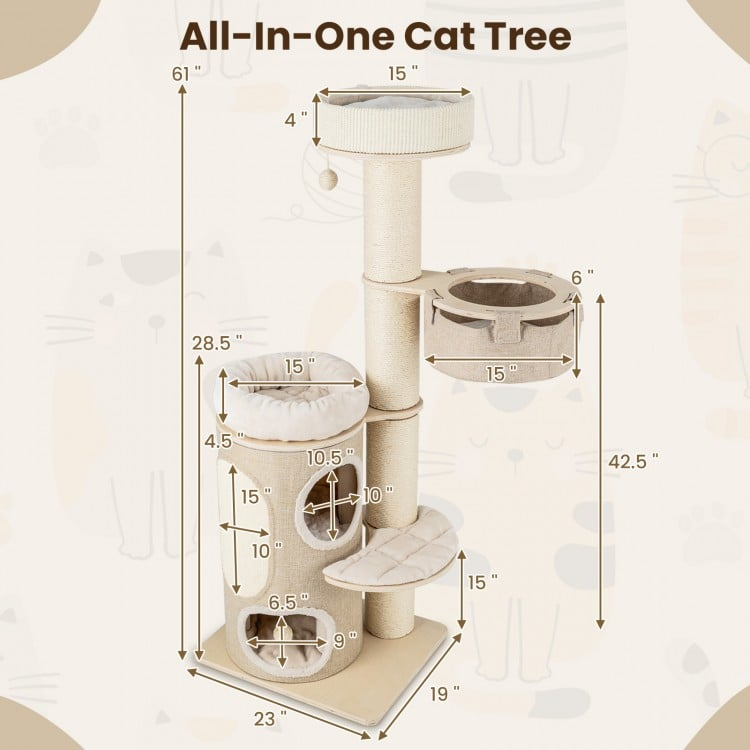 61 Inch Cat Tree for Indoor Cats with 2-stoery Condo and Top Perch, assembled